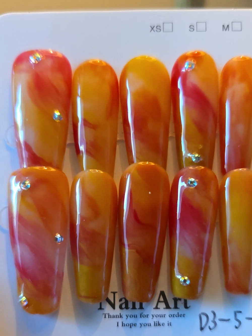 Orange Marble Press-On Nails with Rhinestones - Size Large